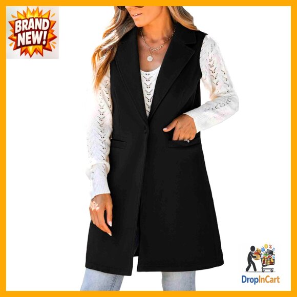 Wool Blend Long Vest Sleeveless Blazer Trench Coat Style Button Front Pockets